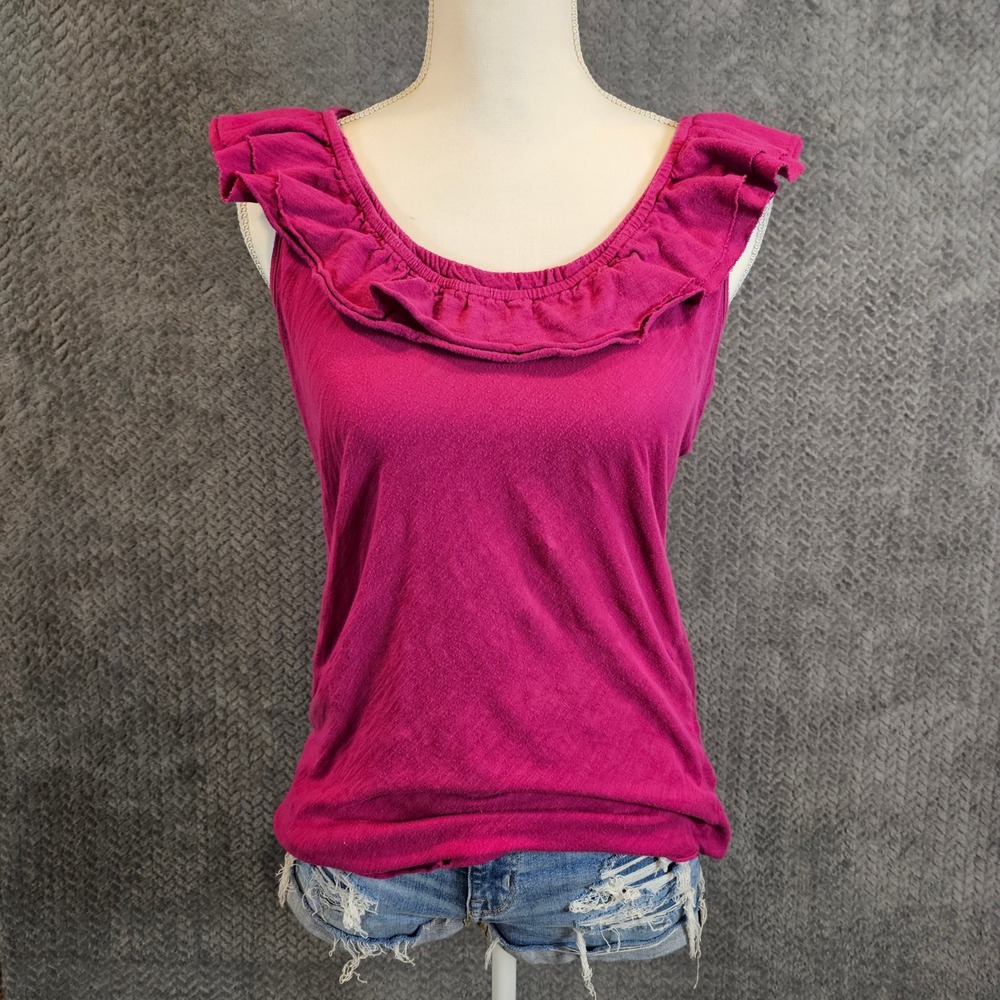 Banana Republic Womens Fuchsia Pink Ruffle Scoop Neck Slub Cotton Tank Top Large